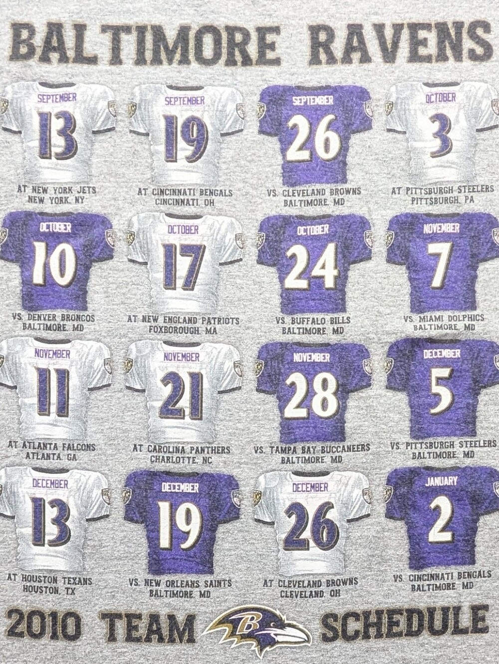 Reebok 2010 Baltimore Ravens Team Schedule Tee Gray Purple Men's Large Tee